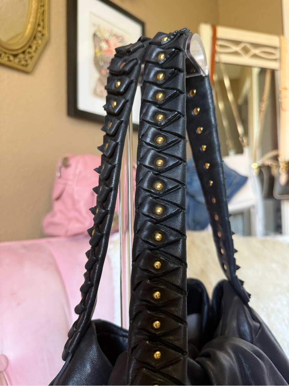 Authentic Diane Von Furstenburg SOFT Blk Leather Hobo Stud-Detail Origami Straps - Picture 6 of 16